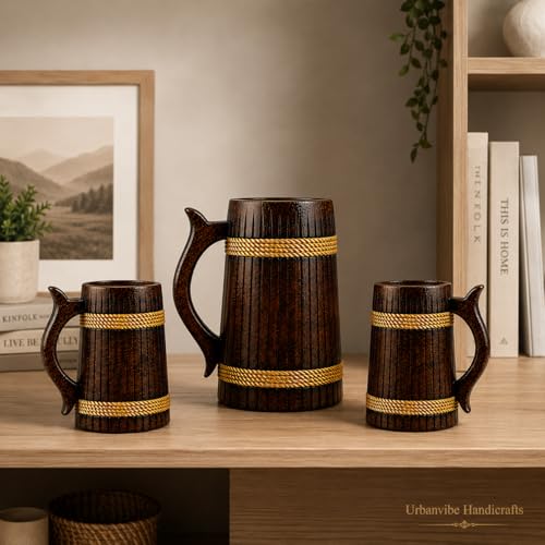 Image of Handcrafted Wooden Beer Bar Combo Set|Beer Mug |Barrel Shaped Jumbo Mug| (Thin Lines)(Set of 3) (2 Small Beer Mug 350ML Each & 1 Beer Jug Large 750ML)