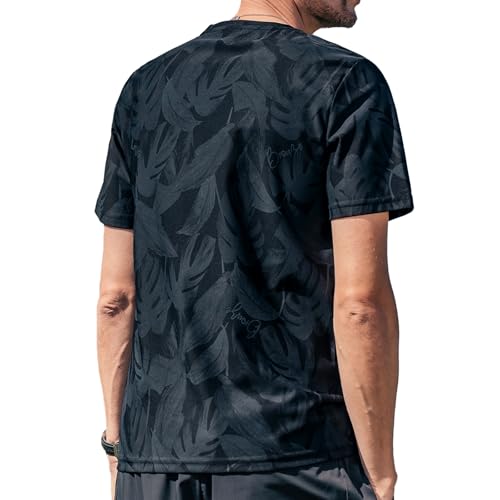ZVX Men's Casual Light Short Sleeve T-Shirts Crew Neck Leaf Print Quick Drying Sport Shirt Black