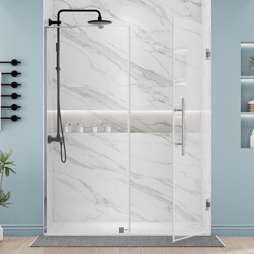 DELAVIN 58' W x 72' H Frameless Hinged Shower Door, Glass Shower Door with Stainless Steel Hardwares, Hinged Swing Shower Door Magnetic Closing, Bathroom Swing Shower Doors Easy to Clean, Sliver