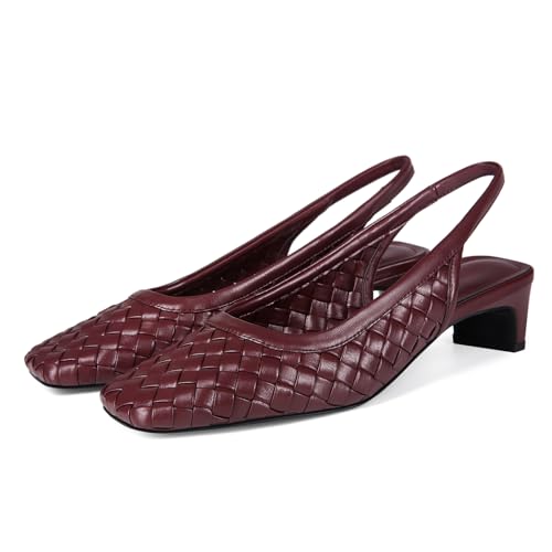Womens Chunky Low Heel Woven Slingback Pumps Square Close Toe Block Heel Pumps