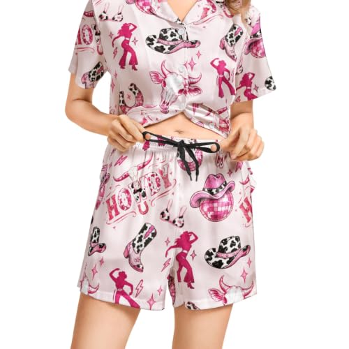 Image of Funny Pajamas for Women Set Print Satin Loungewear Pjs Short Sleeve Button Down Top and Shorts Sets Sleepwear XS-3XL