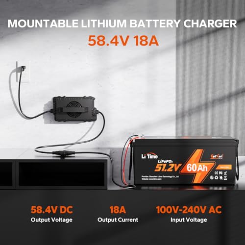 Image of LiTime 48V (58.4V) 18A Lithium Battery Charger for 48V (51.2V) LiFePO4 Battery, IP65 Waterproof, AC-DC Smart Charger for Golf cart, Electric Outboard, Boat and Home
