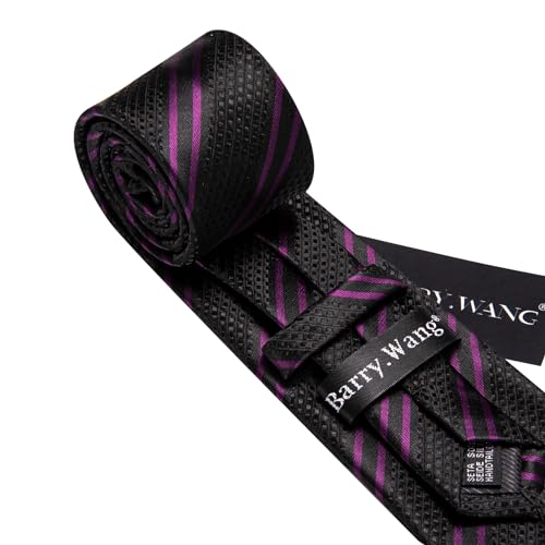 Image of Barry.Wang Man Stripe Ties Set Silk Woven Pocket Square Necktie Cufflinks Formal Party Business, Black Purple