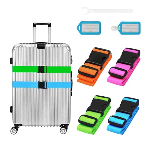 YORFULL Cinghia per Valigia 4 Pezzi, Cinghie Valigie con 2 Etichette per Valigie Aereo, Fissaggio Valigie Cintura Sicurezza Regolabile, Accessori Indispensabili per Viaggiare