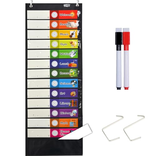 Daily Schedule Pocket Chart， Black Class Schedule with 26 Cards, 13+1 Pockets. 13 colored + 13 blank double-sided reusable Cards, Easy Over-door Mountings included. (13” x 36”)