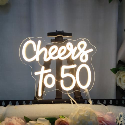 Image of Cheers to 50 Years Neon Sign 50th Anniversary Decorations, LED Lights Sign 50th Birthday Decorations for Living Room Bedroom Bar Birthday Wedding Party Decor, 9.4 inch x 7.9 inch