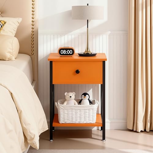 Image of VECELO Nightstand,Modern Bedside End Table, Night Stand with Drawer and Storage Shelf for Living Room Bedroom, Industrial Metal Frame