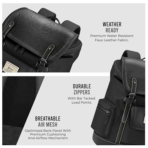 Image of Gear Classic 16.5 inch /21L Medium Water Resistant Faux Leather Anti Theft Knapsack | Laptop Bag | Casual Bag | Travel Bag for Men /Women (Black - Black)