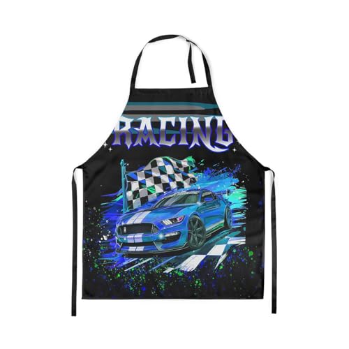 Homewish Delantal de coche de carreras de 78 x 66 cm, delantal de chef para niños y niñas, delantal de cocina impermeable a cuadros negro y blanco, delantal de cocina para cocinar y hornear, delantal