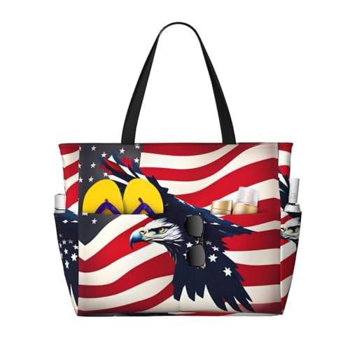 American Flag Fly Eagle Large Beach Tote Bag Women Beach Tote Bag For Pool Gym Grocery Travel With Multiple Pocket - Main Image