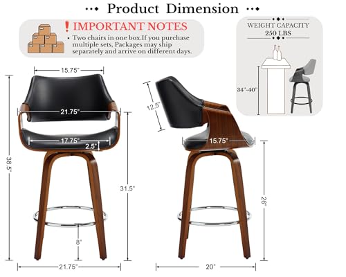 Image of HNY 26'' Modern Barrel Swivel Counter Stools Counter Height Swivel Bar Stools with Backs Set of 6, Black Faux Leather Bar Height stools, Farmhouse Solid Wood Barstools for Kitchen Island, Home Bar
