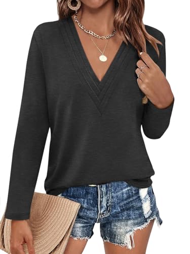Womens Deep V Neck Long Sleeve Shirts Pleated Dressy Casual Tops Sexy Loose Fit T Shirt