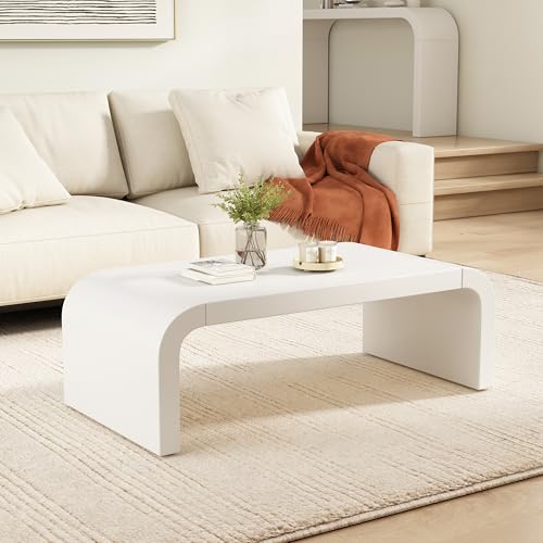 Modern Curved Coffee Table, 47.2’’ Minimalist Waterfall Center Table with