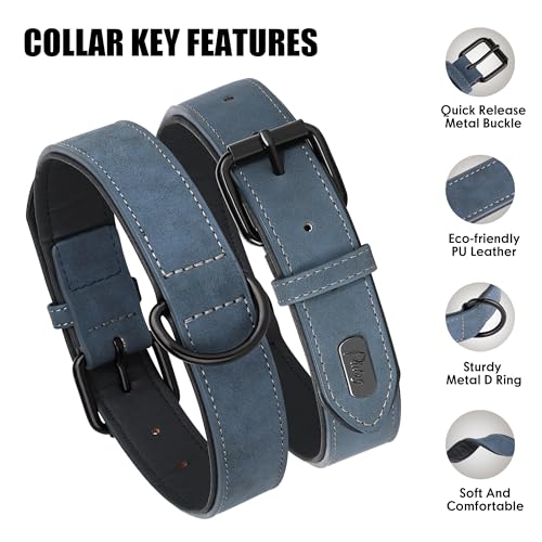 Image of Didog Soft PU Leather Dog Collar, Breathable Padded, Blue, Neck 18-22 inch
