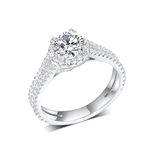 TIKJE 18K White Gold Plated Round Cut CZ Halo Engagement Ring, Split Shank Design Fake Diamond Promise Wedding Band Jewelry Gift for Her Size 6-9