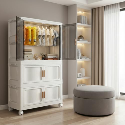 Image of KRISHYAM Modular Plastic Wardrobe with Transparent Sliding Doors & Drawer Storage | Multi-Layer Clothes Organizer Cabinet with Wheels (2 Layer - 1 Transparent Door (White))