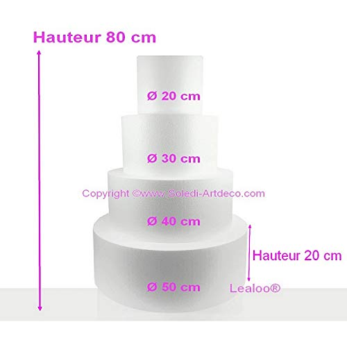 Lealoo Pièce montée Wedding Cake, Haut. 80 cm, Base Ø 50cm à 20cm, 4 disques de 20cm de Haut, Polystyrène Haute densité
