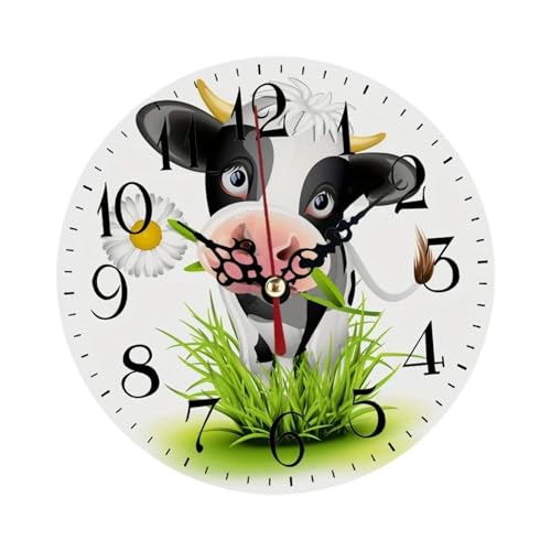 Sharplace Horloge Murale Ronde en Bois avec Motif de Vache, décoration décorative pour Cuisine et Salon, Polyvalente, 30 cm 12 Pouces