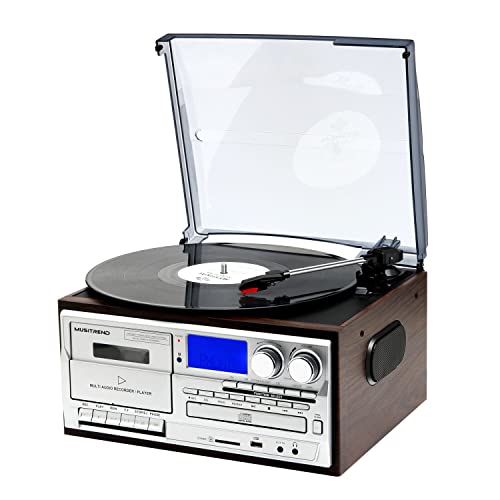 MUSITREND Record Player 9 in 1 3 Speed Bluetooth Vintage Turntable CD Cassette Vinyl Player AM/FM Radio USB/SD Encoding Aux-in RCA Line-Out (Sliver) MUSITREND Record Player 9 in 1 3 Speed Bluetooth Vintage Turntable CD Cassette Vinyl Player AM/FM Radio USB/SD Encoding Aux-in RCA Line-Out (Sliver)