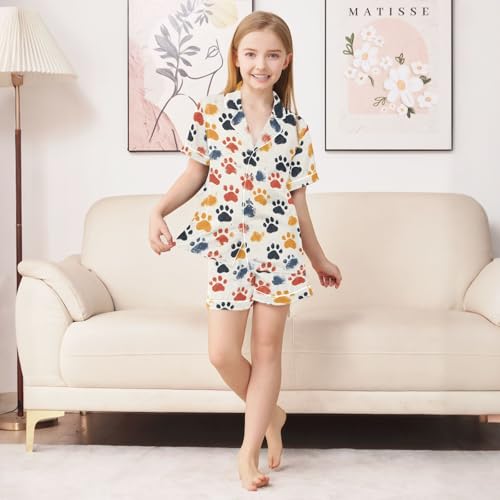 Colorful Paw Print Pattern Summer Satin Pajama Set, Cute Button-Down Sleepwear Pj Set for Sleep Wears3
