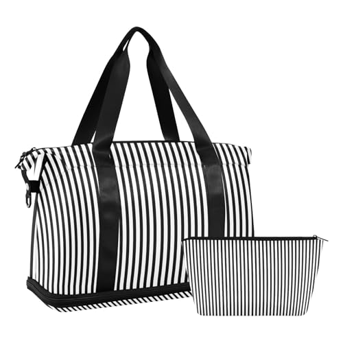 Black White Stripes Gym Bag for Women Sport Travel Duffel Bag Shoulder Weekender Overnight Bags with Wet Pocket & Shoe Compartment