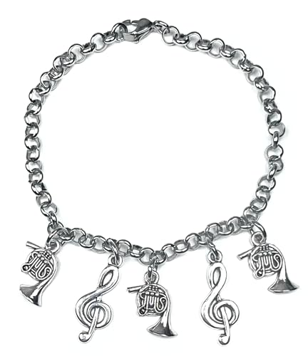 Image of Adjustable 8.5 inch Stainless Steel Bracelet French Horn Treble Clef Personalize with Clip on Charms 68Q