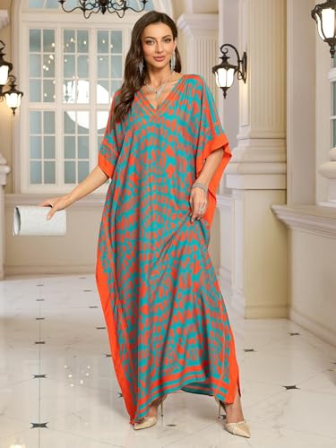 Image of KECVOT Kaftan Dresses for Women V-Neck Print Swimsuit Cover Up Plus Size Beach Caftan Lounge Dress