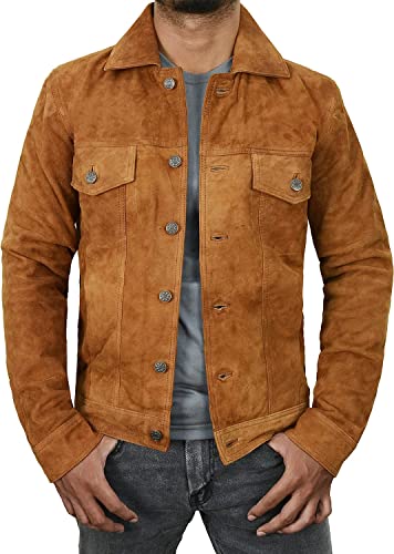 Image of Mens Premium Brown Suede Leather Trucker Jacket - Vintage Classic Motorcycle Western Goat Leather Coat
