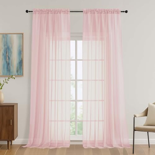Image of OVZME Blush Pink Bedroom Curtains 96 Length for Farmhouse, 59 Inch Extra Wide Light Filtering Voile Drapes Light Airy Window Decor for Patio Door Living Room Bedroom Dining, 59Wx96L Inches
