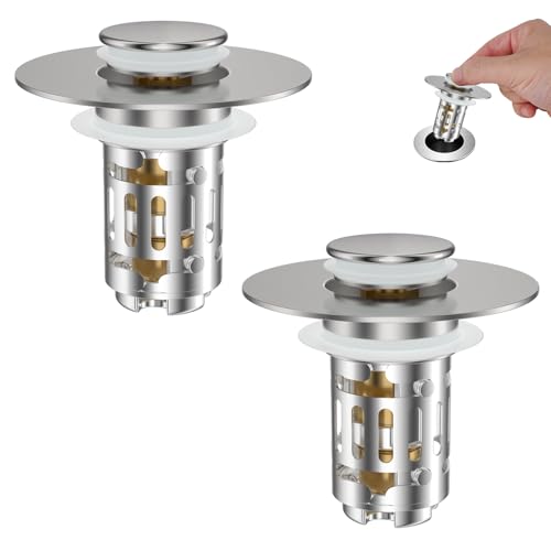 Hibbent 2 Pack Universal Bathroom Sink Drain Strainer 3 in 1 Pop Up Stopper Removable Stainless Steel Filter Basket Brass Bullet Core Hair Catcher Sink Plug for 1.1~2.36 Hole Brushed Nickel