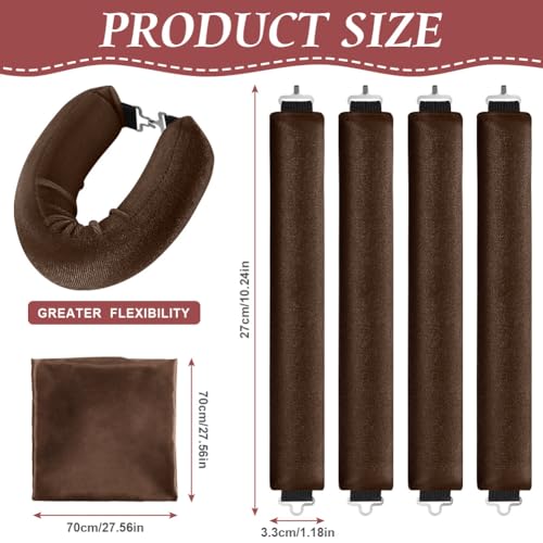 LOPHE 4 Stück Hitzefreie Lockenwickler, Overnight Blowout Locken Ohne Hitze, Hitzefreier Lockenstab für alle Haartypen,Mit Eisendraht DIY Heatless Curls Band Frisurenset Für Langes (Kaffeefarbe)