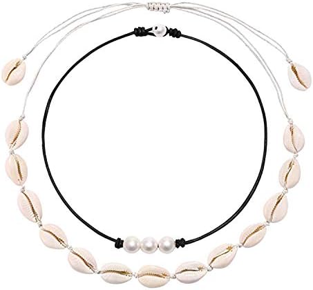 YANCHUN Cowrie Shell Necklace for Women,Puka Shell Necklace Conch Shell Anklet Hawaiian Seashell Pearls Choker Set