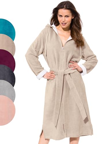 Morgenstern Bademantel Damen mit Reißverschluss Kapuze Sand M