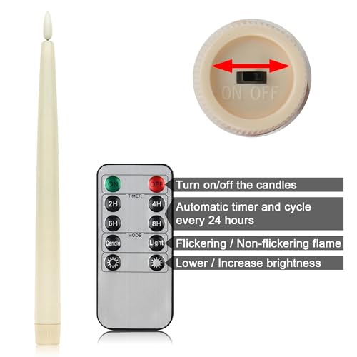 Image of CVHOMEDECO. Flameless Taper Candles with 10-Key Remote, Battery Operated Led Flickering 3D Wick Window Candles Real Wax Finished Home Christmas Party Decor 0.78 x 11 Inch, Pack of 2 (Ivory)