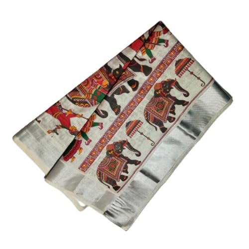 Image of Women's Kerala Kasavu Golden Gold Tissue Saree with Running Blouse Piece | Kerala Onam Saree with Tissue Mural Painted (Saree 5.5 meter, Blouse Piece 0.8 meter)