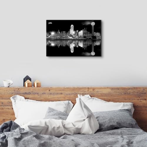 Image of Night Cityscape Wall Art for Bedroom Black and White Wall Decor State of Dallas Texas Skyline Pictures Canvas Prints Modern City Downtown Poster Artwork for Living Room Decoration 16x24 inch Ready to Hang
