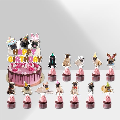 25 Pcs Mops Kuchen Dekorationen Mops Kuchen Topper Cupcake Toppers für Mops Hund Geburtstag Dekorationen Mops Party Dekorationen Geburtstagsparty Zubehör