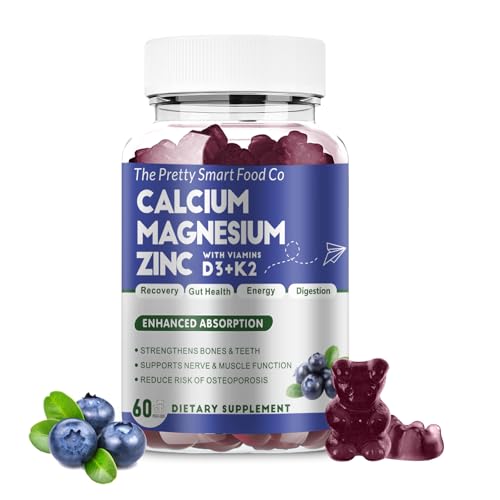 Calcium Magnesium Zinc Gummies with Vitamin D3 & K2 for Bone Muscle & Immune Support - High Potency Enhanced Absorption - 60 Blueberry Gummies