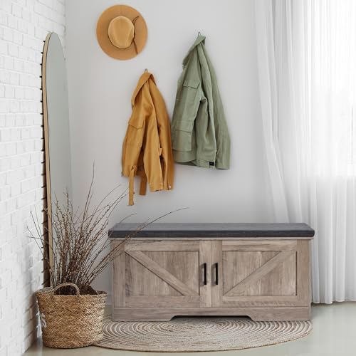 Image of HOMSHO Farmhouse Shoe Storage Bench with 2 Barn Doors & Padded Seat Cushion | 39.4 inch Wide Entryway Bench with Adjustable Shelves & Hidden Storage, Greige