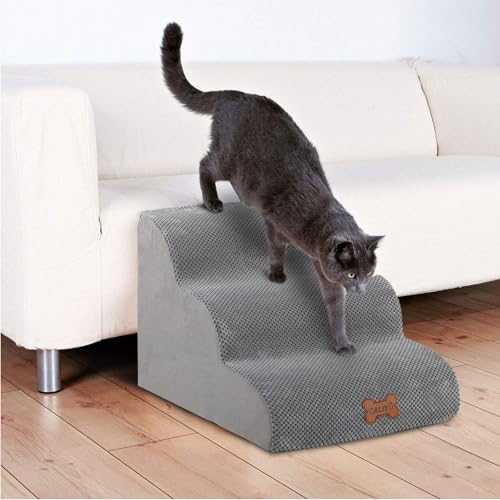 CALIYO Hundetreppe 3 Stufen，Hundetreppe für Kleine Hunde,Treppe für Hunde aus Hochdichtem Schwamm,Haustiertreppe Mit waschbarem Bezug und rutschfestem Boden(60 * 40 * 40CM,Grau)