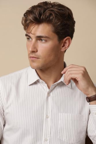 Image of Peter England Men's Striped Slim Fit Full Sleeve Formal Shirt | Cotton-Rich | Wonder Fabric | Pin-Point Oxford Weave