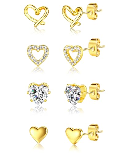 Image of 5 Pairs 14K Gold Plated Stud Earrings for Women, Hypoallergenic Earring Sets for Multiple Piercing, Premium Cubic Zirconia Studs Earrings for Women