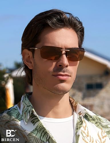 Image of BIRCEN Mens Polarized Sunglasses for Driving: Rimless UV Protection Sun Glasses with Al-Mg Frame for Fishing Traveling Golf