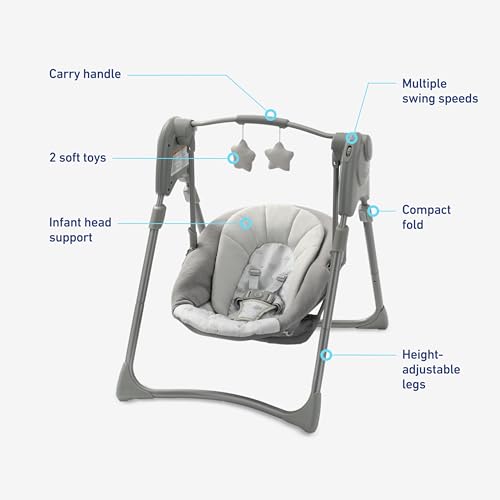 Image of Graco Slim Spaces Compact Baby Swing, Space Saving Portable Bay Swing with Height Adjustable Legs & Soft Toys, Reign