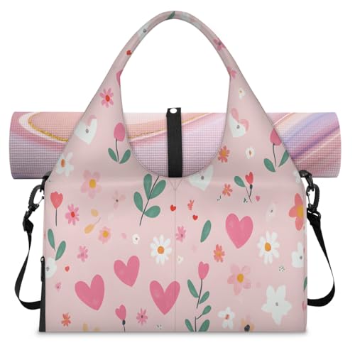 Yoga Bag for Women，Waterproof Polyester Gym Bag Detachable Strap,Shoe Pocket，Double Zipper,Pink Heart Flower Duffel Bags - Main Image