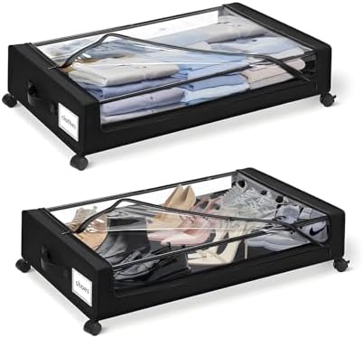 Under Bed Storage with Wheels, 35L Large Capacity Underbed Storage Container with Clear Lid & Label, Rolling Metal Drawer for Clothes, Shoes, Toys, Books, Blankets, Black