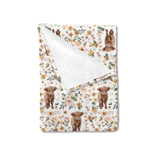 Image of HawSkgFub Boho Highland Cow Floral Baby Blanket Girl Shower Gift, Pink Western Animal Yak Flower Flannel Fleece Nursery Bed Receiving Swaddle, Soft Newborn Infant Toddler Cowgirl Crib Bedding 30 x 40
