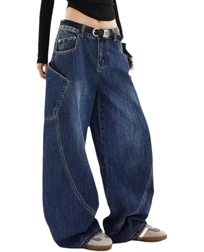 Lafaguw Baggy Jeans for Woman Men High Waisted Barrel Leg Jeans Casual Loose Denim Pants Streetwear Clothes(Blue1-M)