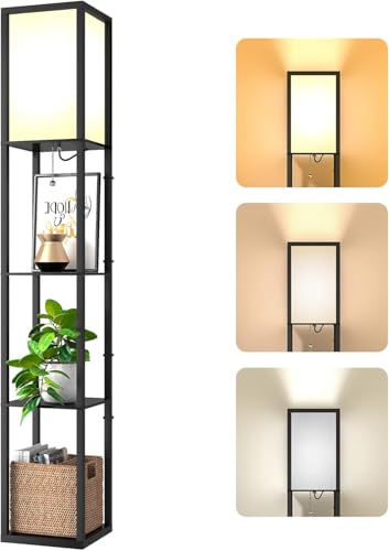 VANLUDA LED Stehleuchte aus Holz, 1.6m Stehlampe mit E27 Birne (3000K-5000K), Retro Standlampe mit 3 Holzregale, 3 Farbtemperaturen Nachttischlampe mit Lampenschirme für Schlafzimmer Ecke (2031)