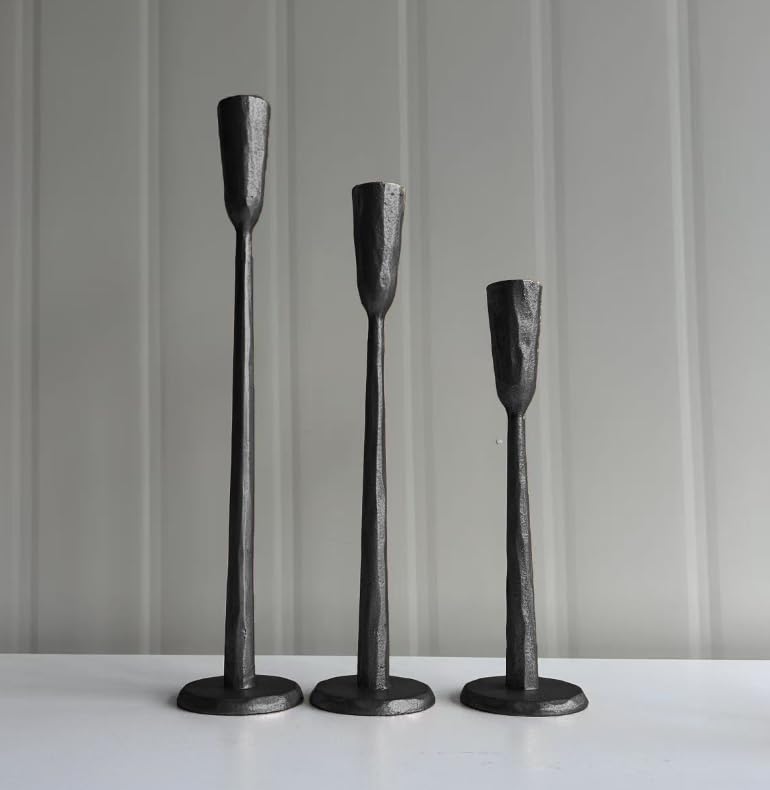 Black Iron Taper Candle Holder Set of 3, Heavy Wrought Iron Candlestick Holders Decorative Candle Stand, Vintage Candle Holder for